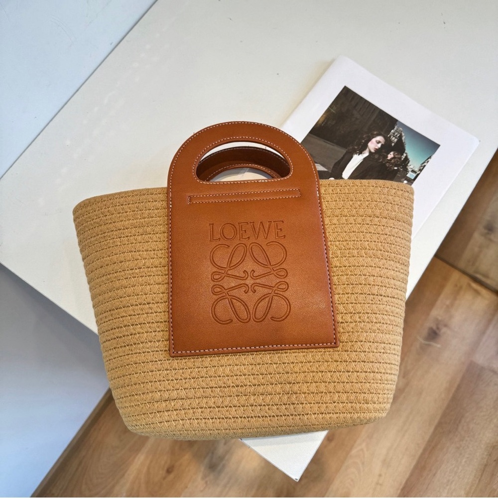 Loewe Tan Raffia Tote with Leather Logo Panel